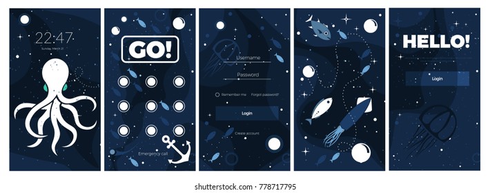 Sea life panoramic background with fish, anchor, octopus, squid, medusa and bubbles in the ocean. Water world vector illustration template for your design or wallpaper.