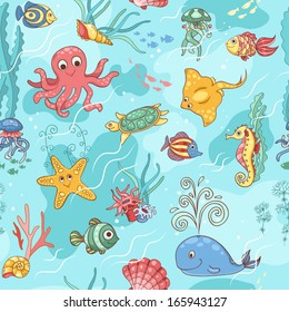 Sea Life Pattern Blue. Seamless Cartoon Vector Background.