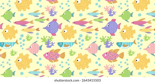 Sea life pattern with cute fish, corals, and plants in vibrant colors. Ideal for children’s wallpapers, textiles, or school materials.
