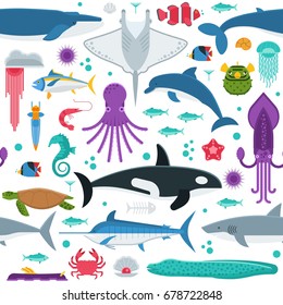 Sea life pattern with different marine animals. Underwater creatures vector seamless background with ocean aquatic inhabitants and exotic fishes in flat design. Whale, dolphin, orca, octopus, squid.