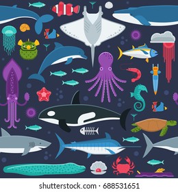 Sea life pattern with different marine animals. Underwater creatures vector seamless background with ocean aquatic inhabitants and exotic fishes in flat design. Whale, dolphin, orca, octopus, squid.