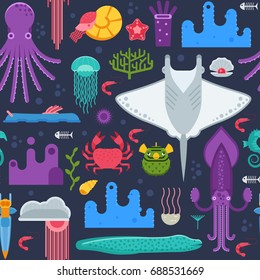 Sea life pattern with different marine animals. Underwater creatures vector seamless background with ocean aquatic inhabitants and exotic fishes in flat design. Manta ray, squid, crab, octopus, shell.