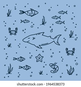 Sea life pattern in vector. Hand-drawn marine animals, fish for textiles. Poster Doodle background of the marine inhabitants of the underwater world. Vector illustration