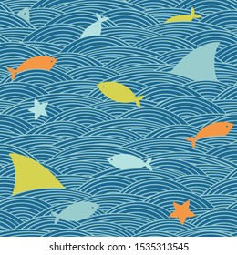 Sea life pattern. Vector seamles ocean wave, fishes, shark fins background.