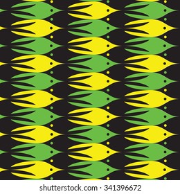 Sea life pattern with yellow, green and black fishes. Marine tessellation background. Overflowing of one object to another. Vector illustration