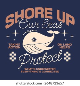 Sea Life poster design for print, Retro ocean environment t-shirt design, Whale Sea animal conservation graphic