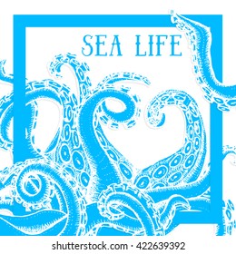 Sea life poster with octopus, vector