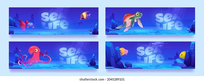 Sea life posters with funny fish, octopus and turtle characters under water in ocean. Vector banners with cartoon illustration of undersea landscape with cute wild marine animals