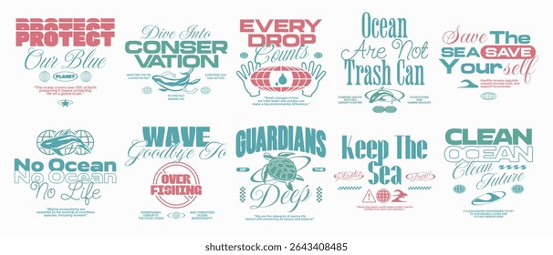 Pacote de design de t-shirt de citação da vida marinha, Conjunto de citações tipográficas do ambiente do oceano, Ecossistema do oceano e coleção gráfica de conservação, Pacote de design de slogan do cartaz do ambiente marinho