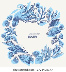 Meeresleben runder Rahmen Hintergrund mit Meerestieren und Fisch Illustration und Silhouetten. Nautilus, Muscheln, Seepferdchen, Seeteufel, Seetang, Korallen, Geleefisch, Tintenfisch, Meeresschildkröte. Ozeangrenze für Sommer- und Beauty-Design.