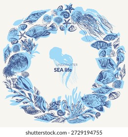Meeresleben runder Rahmen Hintergrund mit Meerestieren und Fisch Illustration und Silhouetten. Nautilus, Muscheln, Seepferdchen, Seeteufel, Seetang, Korallen, Geleefisch, Tintenfisch, Meeresschildkröte. Ozeangrenze für Sommer- und Beauty-Design.