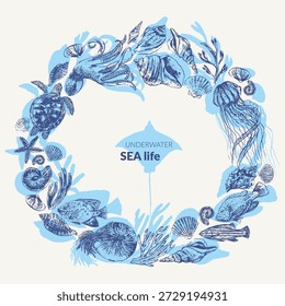 Meeresleben runder Rahmen Hintergrund mit Meerestieren und Fisch Illustration und Silhouetten. Nautilus, Muscheln, Seepferdchen, Seeteufel, Seetang, Korallen, Geleefisch, Tintenfisch, Meeresschildkröte. Ozeangrenze für Sommer- und Beauty-Design.