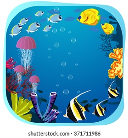 Sea life round frame with fish, jellyfish and coral