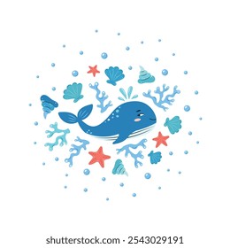 Sea Life round poster. Cute whale on white background. Set of sea elements. Characters in children's style. vector illustration.