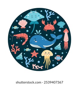 Sea Life round poster on dark background. Set of sea animals. Characters in children's style. vector illustration.