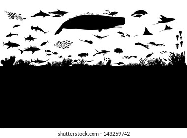 Sea life scene silhouette, vector