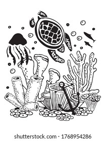 Sea life scene. Turtle, jellyfish, corals. Hand drawn outline vector sketch illustration. Black on white background