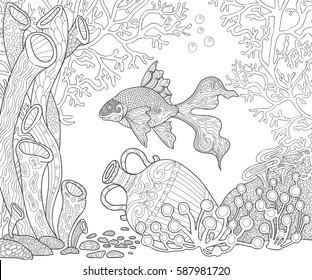 Sea Life Scuba Diving Illustration. Page For Adult Coloring Book. The Seabed With Fish And Algae In Doodle Style.