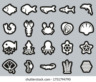 Sea Life & Seafood Icons White On Black Sticker Set Big