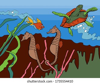 Sea life - Seahorses, goldfish, sea turtle and seaweed in the ocean