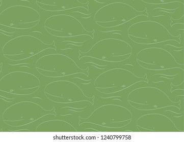 Sea life seamless background - composition of whales. Seamless pattern perfect for greeting card or as a banner background. Happy illustrated whale on a single color background.
