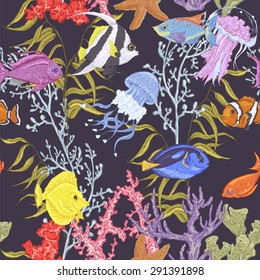 Sea life seamless background, underwater vector illustration, fish and seaweed