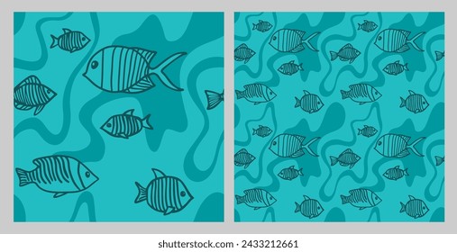 Sea life seamless blue pattern - coral fish and seaweed on a white background. Great for seafood packaging 