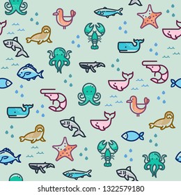 sea life seamless colorful pattern with illustration of fish, seal, whale, shark, seagull, octopus, lobster and more.illustration for banner, web page, print media, advertisement.