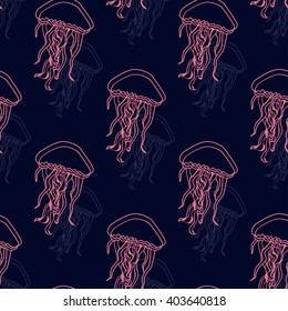 Sea life seamless patern with jellyfish hand drawn