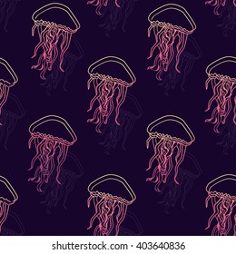 Sea life seamless patern with jellyfish hand drawn