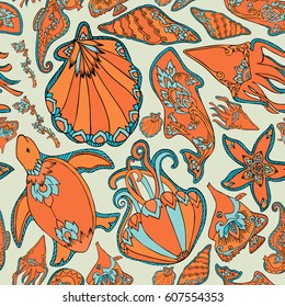 Sea life seamless patern with jellyfish, turtle, fish, star and shells hand drawn. Vector.