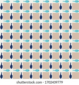 La vida marina es un patrón sin fisuras. Patrón vector abstracto con peces sobre fondo beige , impresión colorida. 
