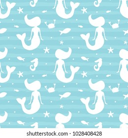 Sea life seamless pattern background with silhouettes of mermaid, fish, crab, sea horse and starfish.
