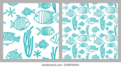 Sea life seamless pattern - blue fish and seaweed on a white background. Great for seafood packaging 