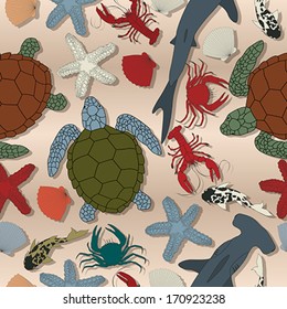 Sea life seamless pattern, cartoon art