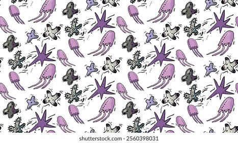 Sea life seamless pattern. Cartoon flat vector background. 