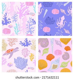 Sea life seamless pattern collection with coral, sea animals, seaweed, sea shells. Editable vector illustration.