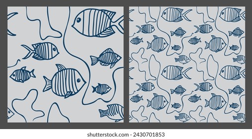 Sea life seamless pattern - coral fish and seaweed on a white background. Great for seafood packaging 