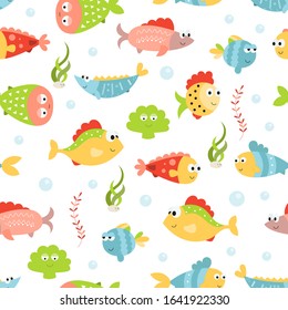 Sea life seamless pattern with cute fishes. Underwater background. Vector Illustration. Great for wallpaper, baby clothes, greeting card, wrapping paper.