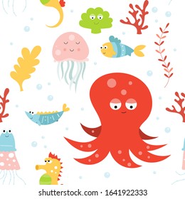 Sea life seamless pattern with cute octopus, jellyfish, seahorse and fishes. Vector Illustration. Great for wallpaper, baby clothes, greeting card, wrapping paper.