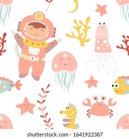 Sea life seamless pattern with cute diver girl, jellyfish, crab, seahorse. Underwater background. Vector Illustration. Great for wallpaper, baby clothes, greeting card, wrapping paper.