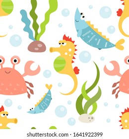 Sea life seamless pattern with cute seahorse, crab and fishes. Underwater background. Vector Illustration. Great for wallpaper, baby clothes, greeting card, wrapping paper.