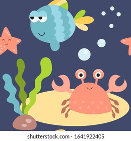 Sea life seamless pattern with cute fish, crab and starfish. Underwater background. Vector Illustration. Great for wallpaper, baby clothes, greeting card, wrapping paper.