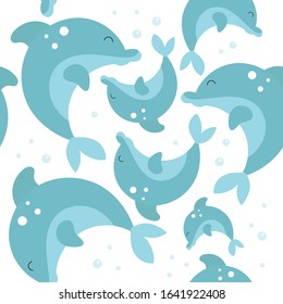 Sea life seamless pattern with cute dolphins. Underwater background. Vector Illustration. Great for wallpaper, baby clothes, greeting card, wrapping paper.