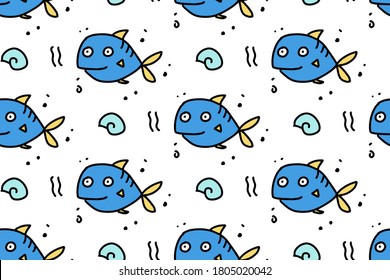 La vida marina es un patrón sin fisuras con peces de doodle bonitos. Pescado de dibujos a mano. Fondo marino. Ilustración vectorial para su tela, diseño textil, papel de envoltura o papel tapiz.