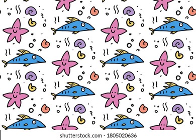 Sea life seamless pattern with cute doodle fishes and starfish. Hand drawn lines cartoon fish. Marine background. Vector illustration for your fabric, textile design, wrapping paper or wallpaper.