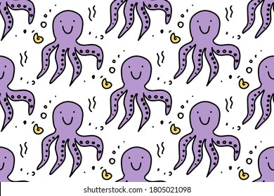 Sea life seamless pattern with cute doodle octopus. Hand drawn lines cartoon octopus. Marine background. Vector illustration for your fabric, textile design, wrapping paper or wallpaper.