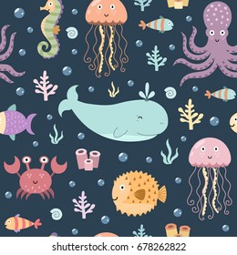 Sea life seamless pattern. Cute background with whale, octopus, jellyfish, crab, seahorse and globefish. Vector illustration