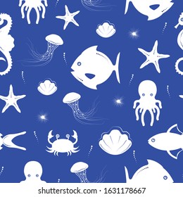 Sea life seamless pattern with fish, octopus, seahorse, crab, starfish, jellyfish, sea urchin, seashell and bubbles. Marine illustration with underwater silhouette icons. Sealife elements, vector