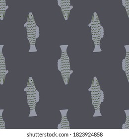 Sea life seamless pattern with fish creative ornament. Pale palette marine artworh in grey tones. Exotic backdrop. Designed for wallpaper, textile, wrapping paper, fabric print. Vector illustration.
